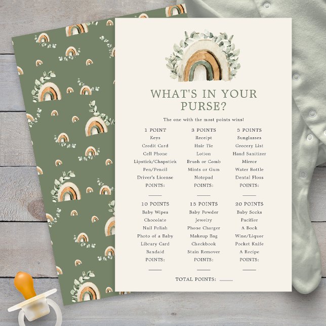 財布の中身はなぁにベイビーゲーム (Watercolor Sage Green Rainbow Boho What's In Your Purse Baby Game Card by Painted Paperie
)