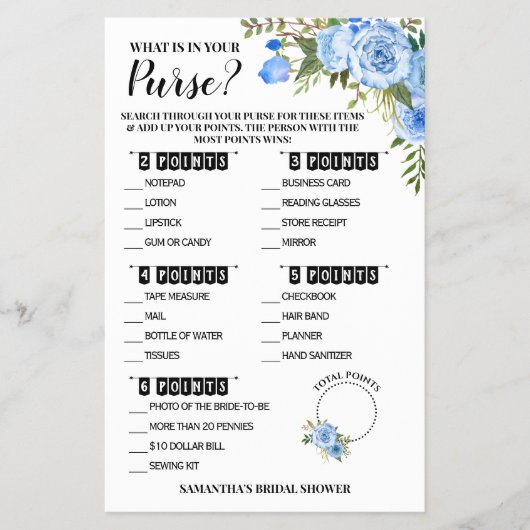 財布の中身ブライダルシャワーブルーゲームカード チラシ (正面)