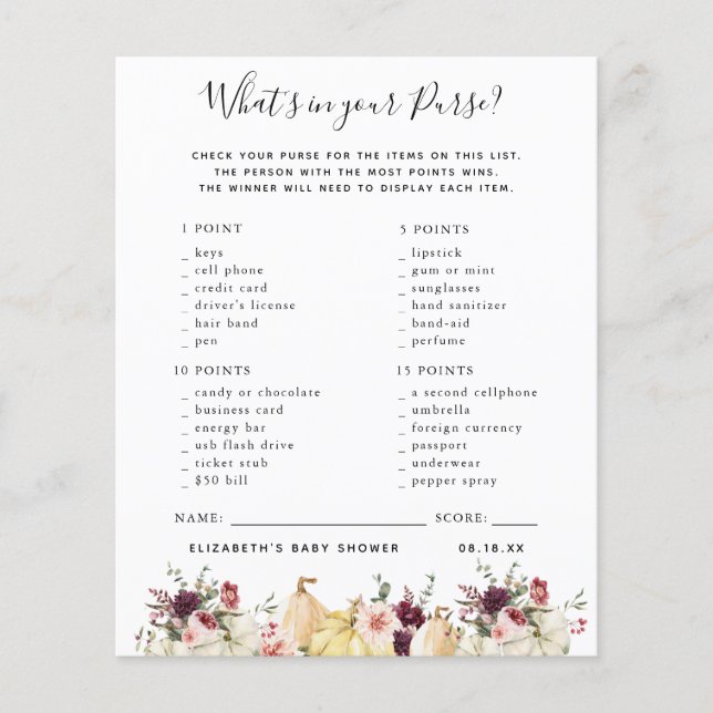 財布の中身 |赤ちゃんシャワーゲーム (正面)