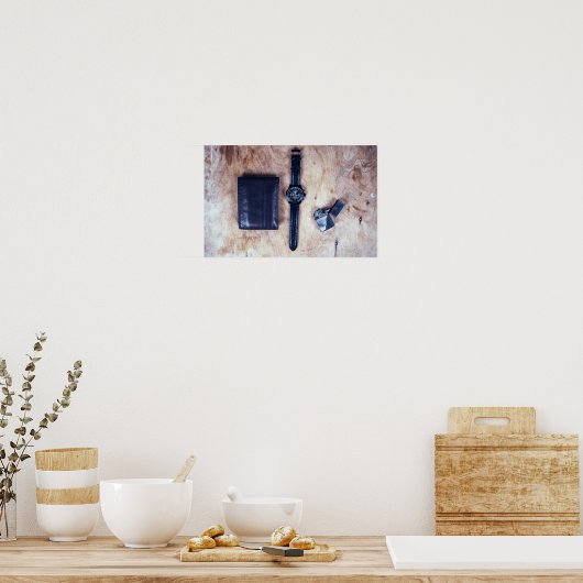 財布の財布とライターを備えた腕時計 ポスター (キッチン)