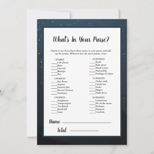 財布の赤ちゃんシャワーゲームの中にあるものを我慢する 招待状 (正面)