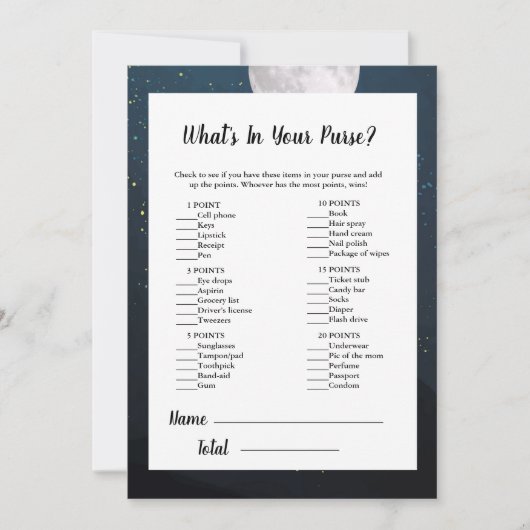 財布の赤ちゃんシャワーゲームの中にあるものを我慢する 招待状 (正面)