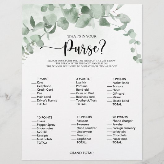 財布ユーカリブライダルシャワーゲームの内容 (正面)