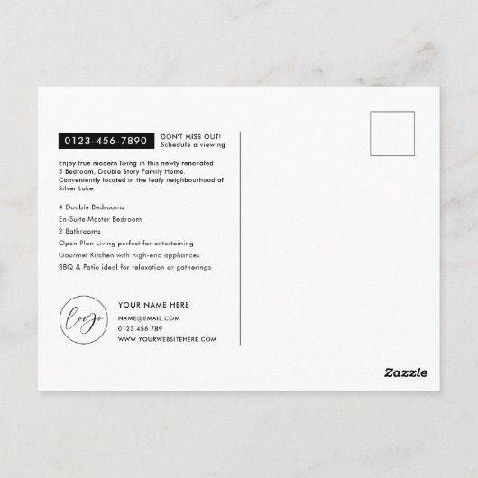 販売のためのリストされたミニマル財産マーケティング ポストカード (裏面)