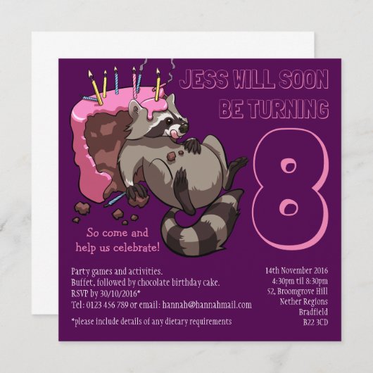 貪欲ラクーン誕生日パーティーケーキアニメ 招待状 (正面/裏面)