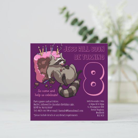 貪欲ラクーン誕生日パーティーケーキアニメ 招待状 (スタンド正面)