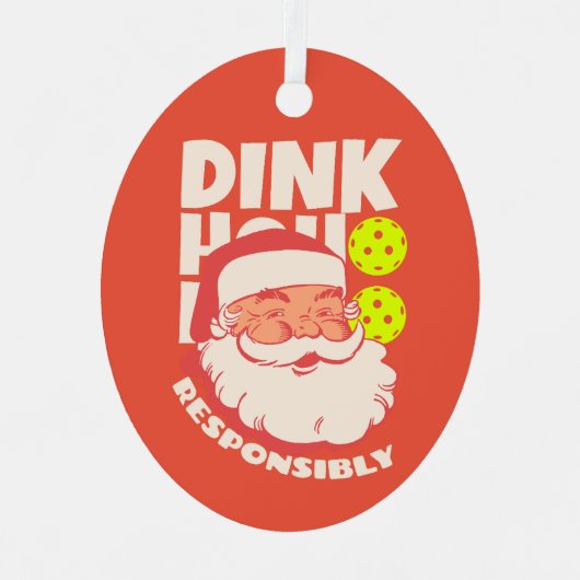 責任を持ってディンク。ヴィンテージサンタとピクルボール メタルオーナメント (正面)