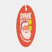 責任を持ってディンク。ヴィンテージサンタとピクルボール メタルオーナメント (正面左)