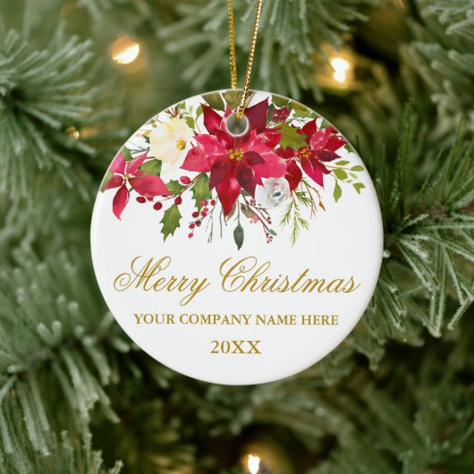 貴社の水彩赤いポインセチア花模様の金 セラミックオーナメント (ツリー)