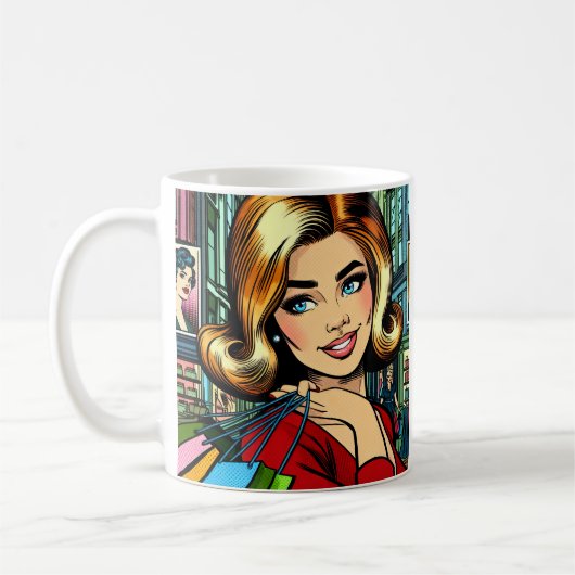 買い物袋を持つレトロな女性 パーソナライズデザイン コーヒーマグカップ (左)