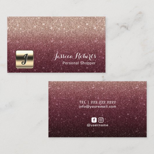 買物客のバーガンディの個人的なばら色の金ゴールドのグラデーションなモノグラム 名刺 (正面/裏面)