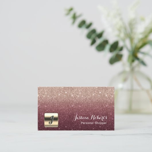 買物客のバーガンディの個人的なばら色の金ゴールドのグラデーションなモノグラム 名刺 (スタンド正面)