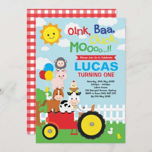 賑やかな農場の動物たち バーンヤード ペッティング ズー 誕生日 招待状 (正面/裏面)