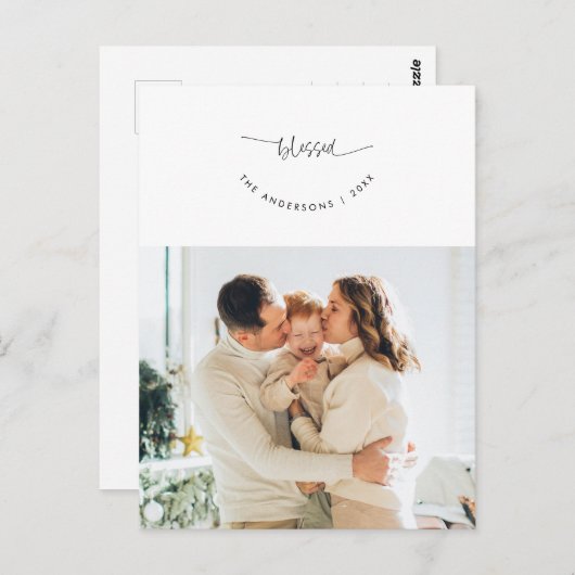 賛美あいさつつ、家族の写真、笑顔のスクリプト ポストカード (正面/裏面)