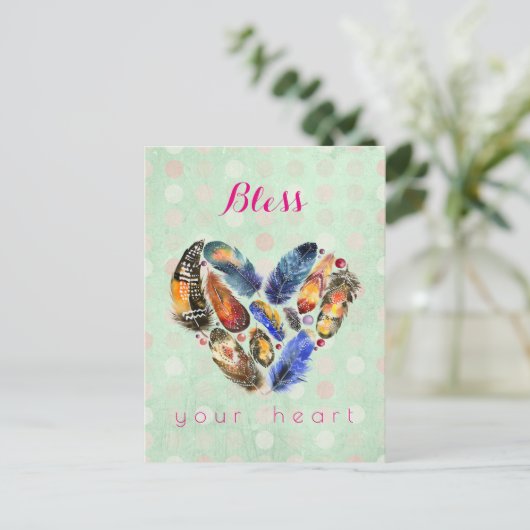 賛美お客様のハート感動的を羽ハート付き ポストカード (スタンド正面)