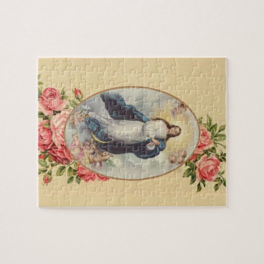 賛美された聖母マリアの仮定の天使のピンクのバラ ジグソーパズル (横)