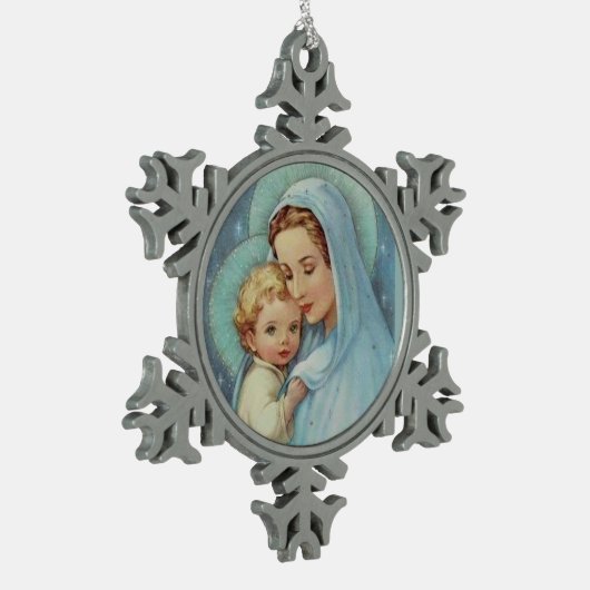 賛美された聖母マリアの母ベビーイエス・キリスト スノーフレークピューターオーナメント (左)