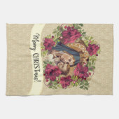 賛美された聖母マリアイエス・キリストのクリスマスの花柄 キッチンタオル (横)