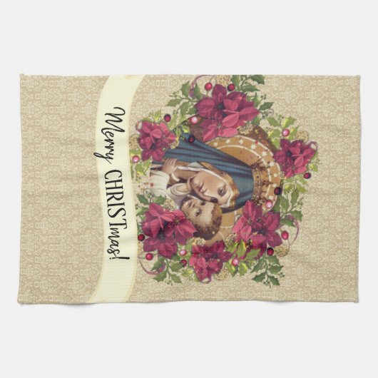 賛美された聖母マリアイエス・キリストのクリスマスの花柄 キッチンタオル (横)