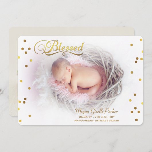 賛美された金ゴールドの紙吹雪の写真の誕生の発表 案内状 (正面/裏面)