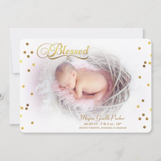 賛美された金ゴールドの紙吹雪の写真の誕生の発表 案内状 (正面)