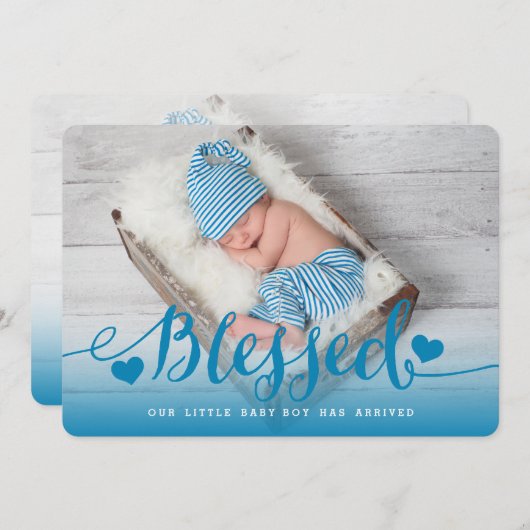 賛美された|の青い男の赤ちゃんの誕生の発表 案内状 (正面/裏面)