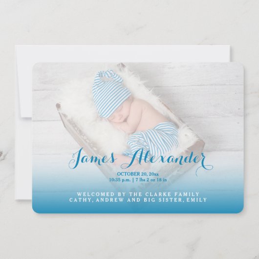 賛美された|の青い男の赤ちゃんの誕生の発表 案内状 (裏面)