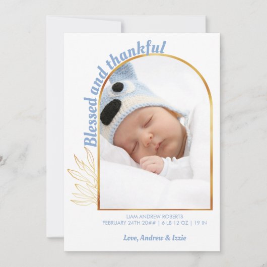 賛美と感謝の金ゴールドアーチ写真ブルー誕生 案内状 (正面)