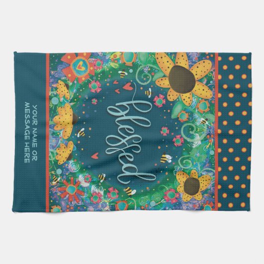 賛美フローラ蜂ハートおもしろい引用文名 キッチンタオル (横)