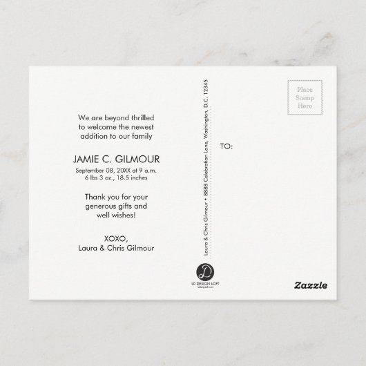 賛美ベビー誕生発表スクリプ感謝していトユ ポストカード (裏面)