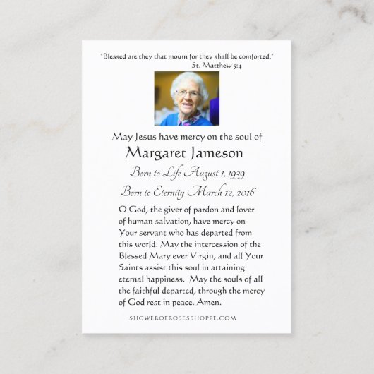 賛美ヴァージンマリーカトリック葬儀祈りの言葉カード 名刺 (裏面)