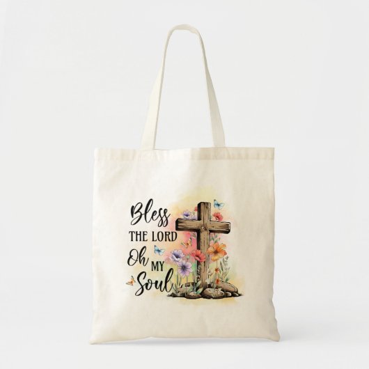 賛美主オマイ魂の聖なる十字架とフローラ トートバッグ (正面)