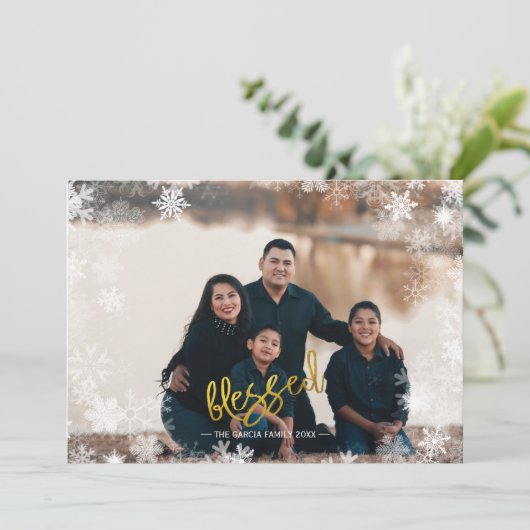 賛美写真コラージュ雪の結晶ファミリークリスマス シーズンカード (スタンド正面)