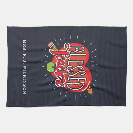 賛美学校先生ハートペンシルアップルカスタム キッチンタオル (横)