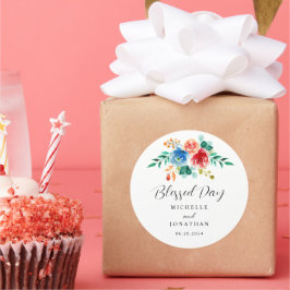 賛美日ピンク青フローラ水色結婚の ラウンドシール