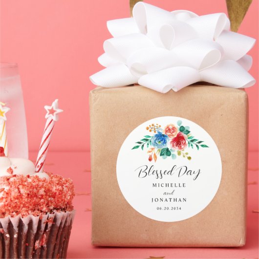 賛美日ピンク青フローラ水色結婚の ラウンドシール (パーティー)