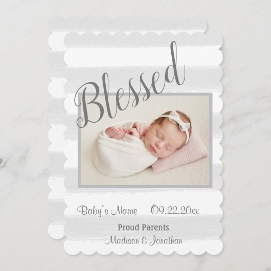 賛美生まれたばかりのPhoto Scriptグレーストライプ 案内状 (正面/裏面)