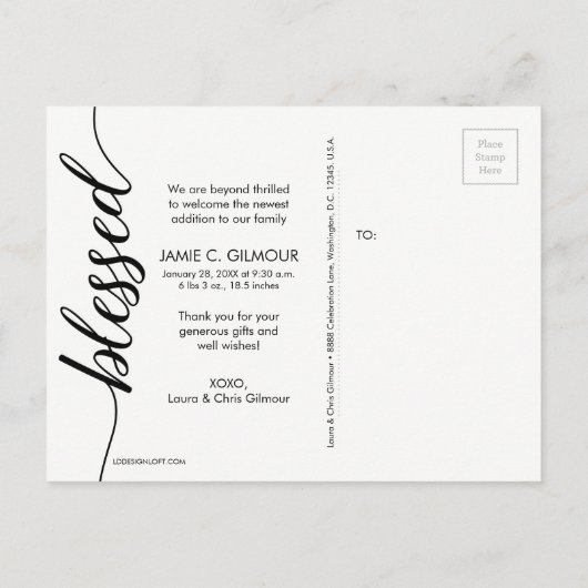 賛美白黒ベビー写真の誕生発表 案内ポストカード (裏面)