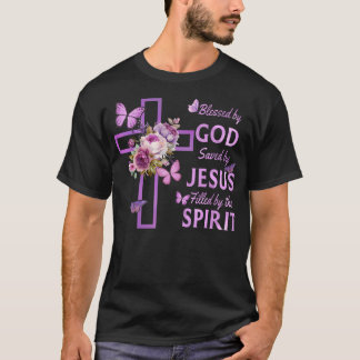 賛美神よ救りイエスパープルフローラ十字架 Tシャツ