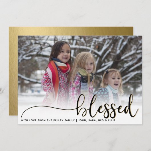 賛美黒と金ゴールドの大きな写真のホリデーカード シーズンカード (正面/裏面)