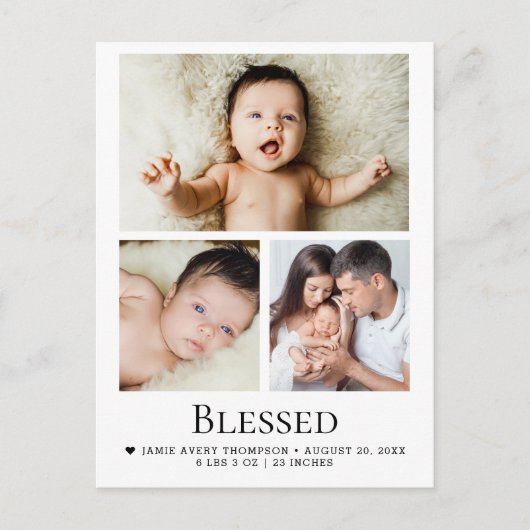 賛美3枚のベビー写真の誕生発表 ポストカード (正面)