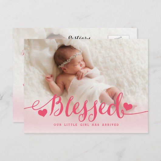 賛美 | ピンクのベビーガール誕生のお知らせ 案内ポストカード (正面/裏面)