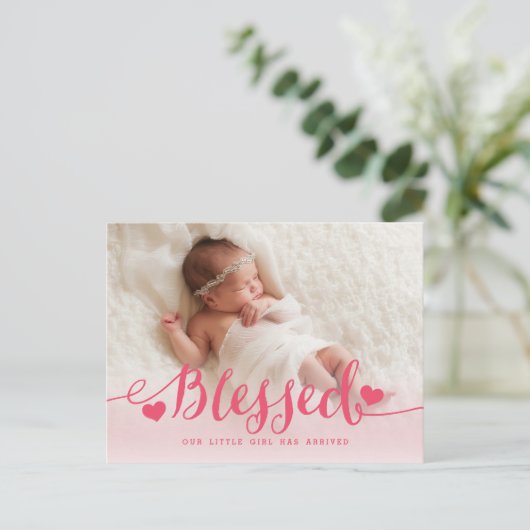 賛美 | ピンクのベビーガール誕生のお知らせ 案内ポストカード (スタンド正面)