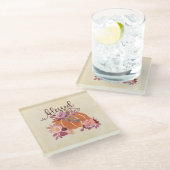 賛美-秋パンプキンとピンクの花 ガラスコースター (アングル)