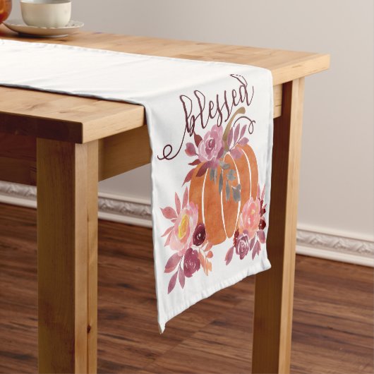 賛美-秋パンプキンとピンクの花 ショートテーブルランナー (インサイチュ)