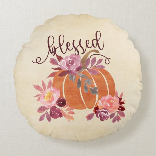 賛美-秋パンプキンとピンクの花 ラウンドクッション (正面)