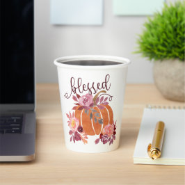 賛美-秋パンプキンとピンクの花 紙コップ