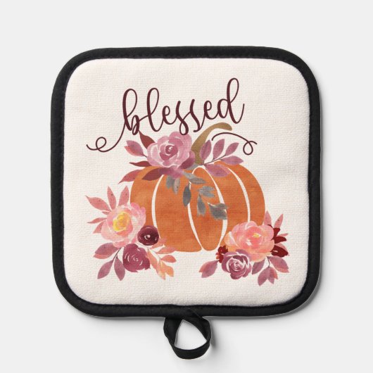 賛美-秋パンプキンとピンクの花 鍋敷き (正面)