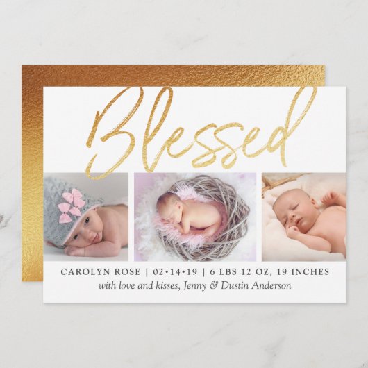 "賛美"金箔3写真誕生のお知らせ 案内状 (正面/裏面)