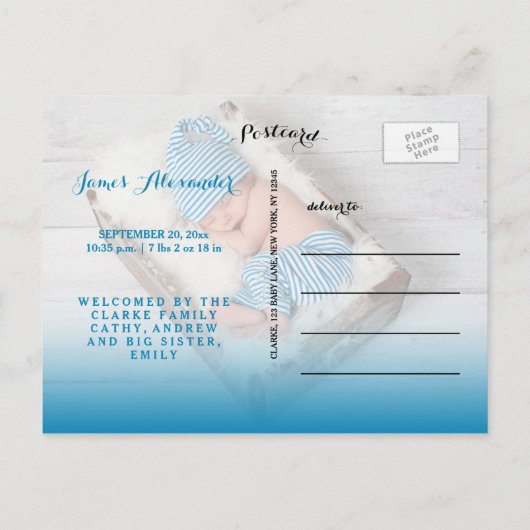 賛美 | 青い男の赤ちゃん写真の生誕発表 案内ポストカード (裏面)